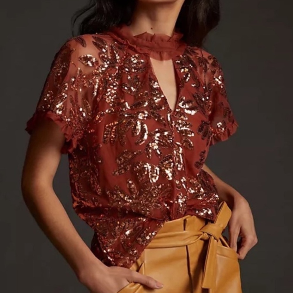 By Anthropologie Burnt Orange Sequin Cut Out Top Size Large